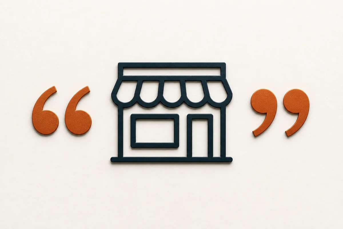 A storefront between two quotation marks.